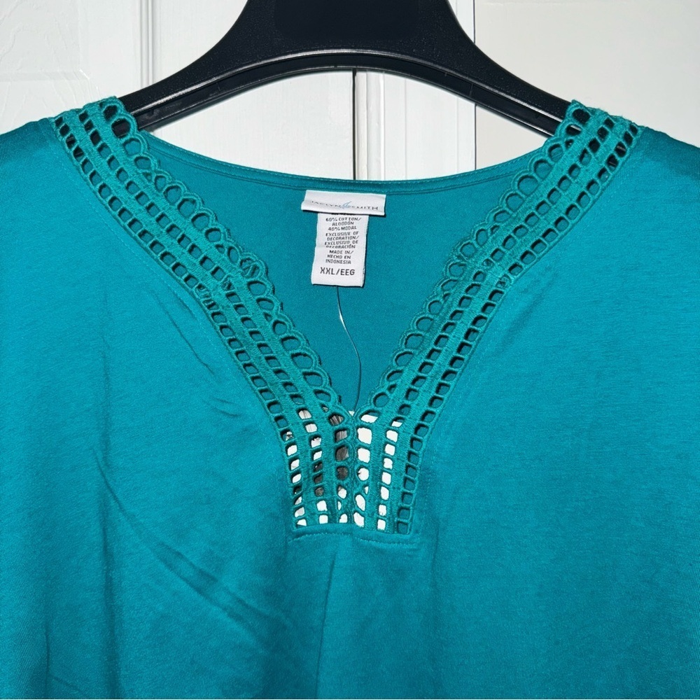 Jaclyn Smith NWT XXL Aqua Teal Green Crochet V-Neck Tunic Top Shirt Blouse Plus - Picture 2 of 13